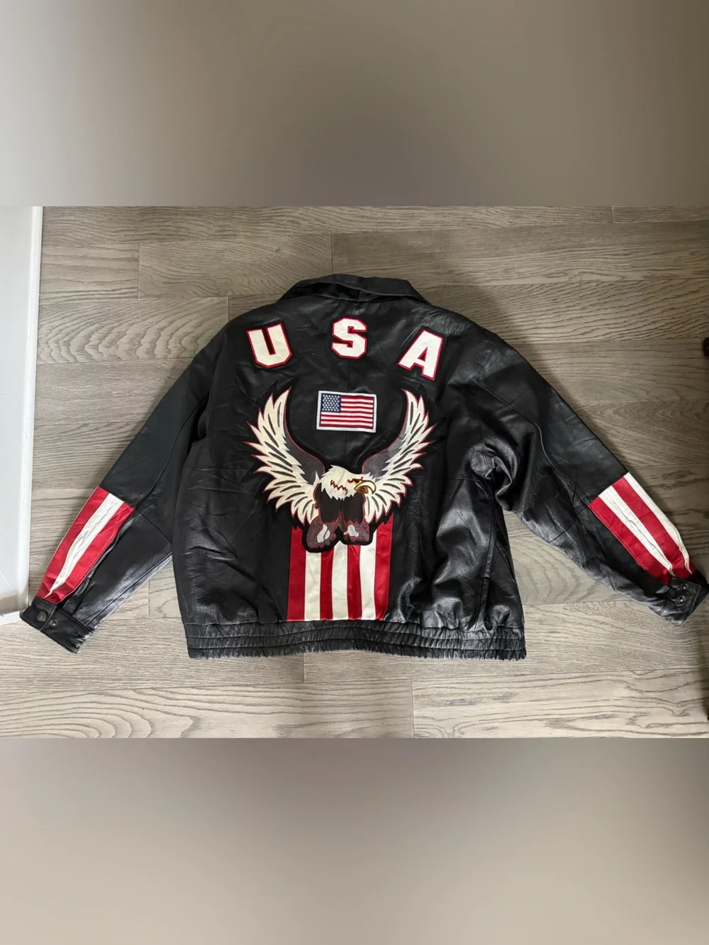 Patriotic USA Leather Bomber Jacket Men L American Flag Eagle Black Full Zip